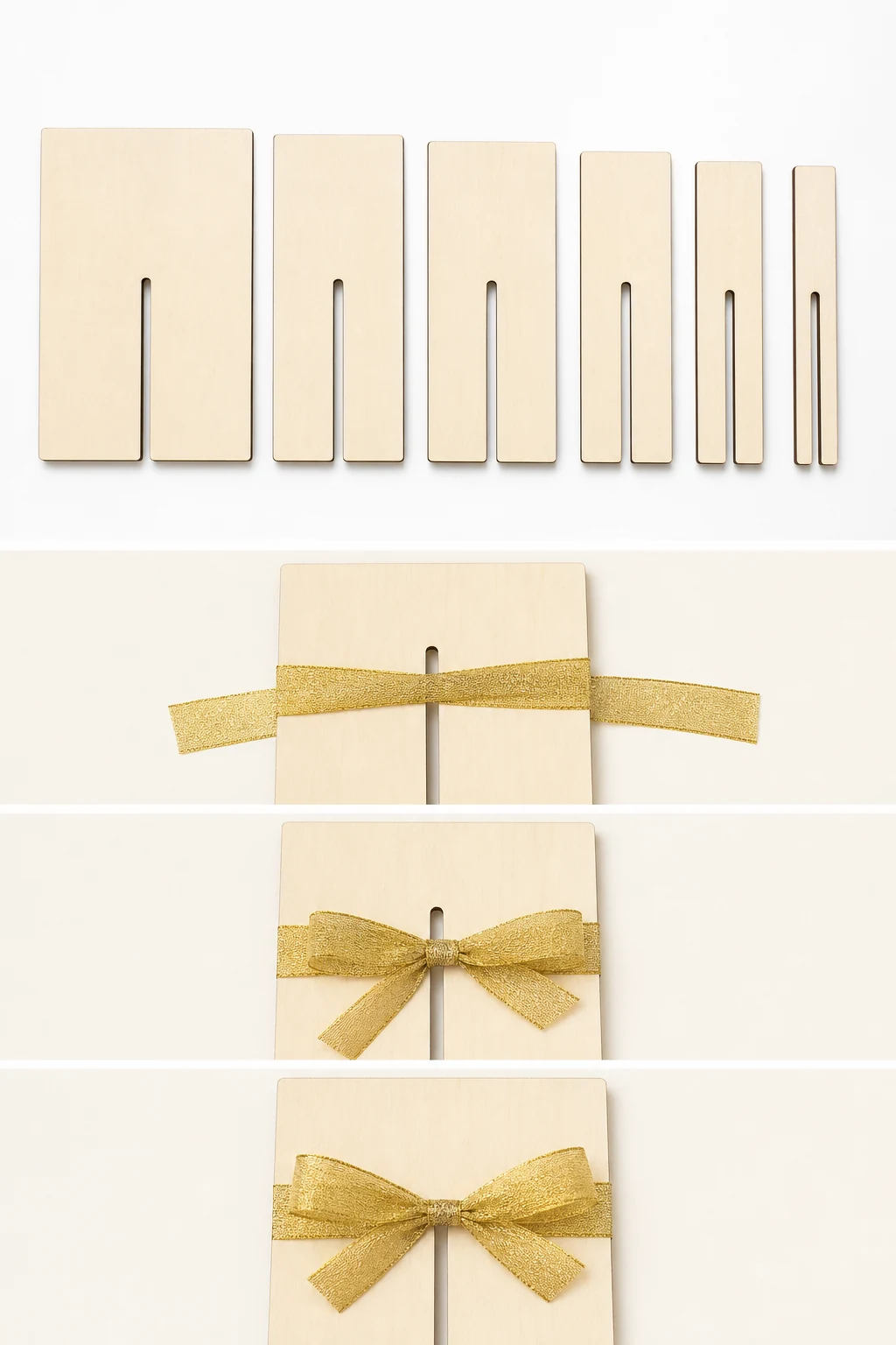 Six wooden bow-making boards shown with ribbon-use steps