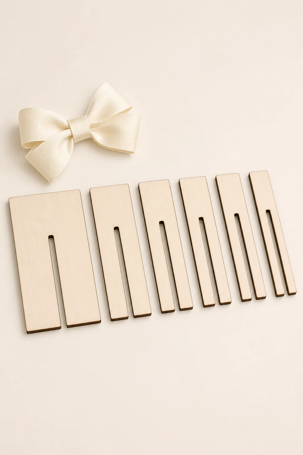 Finished ribbon bow beside the six wooden boards