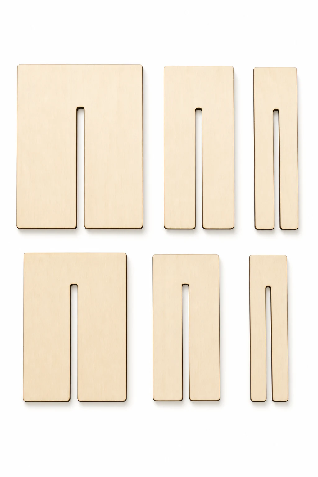 Six separate wooden boards, one in each width