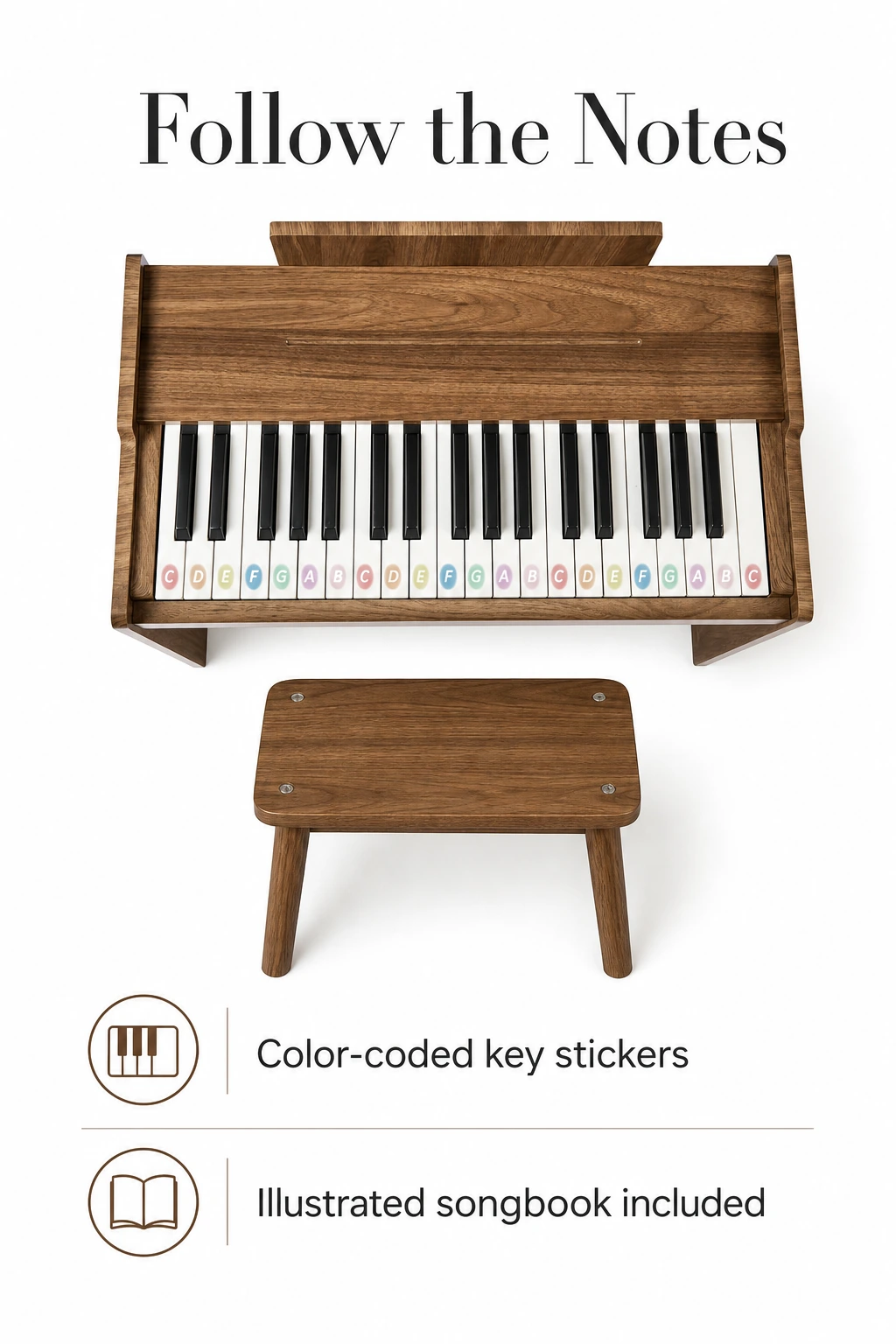 Pegatinas de colores para las teclas y cancionero ilustrado