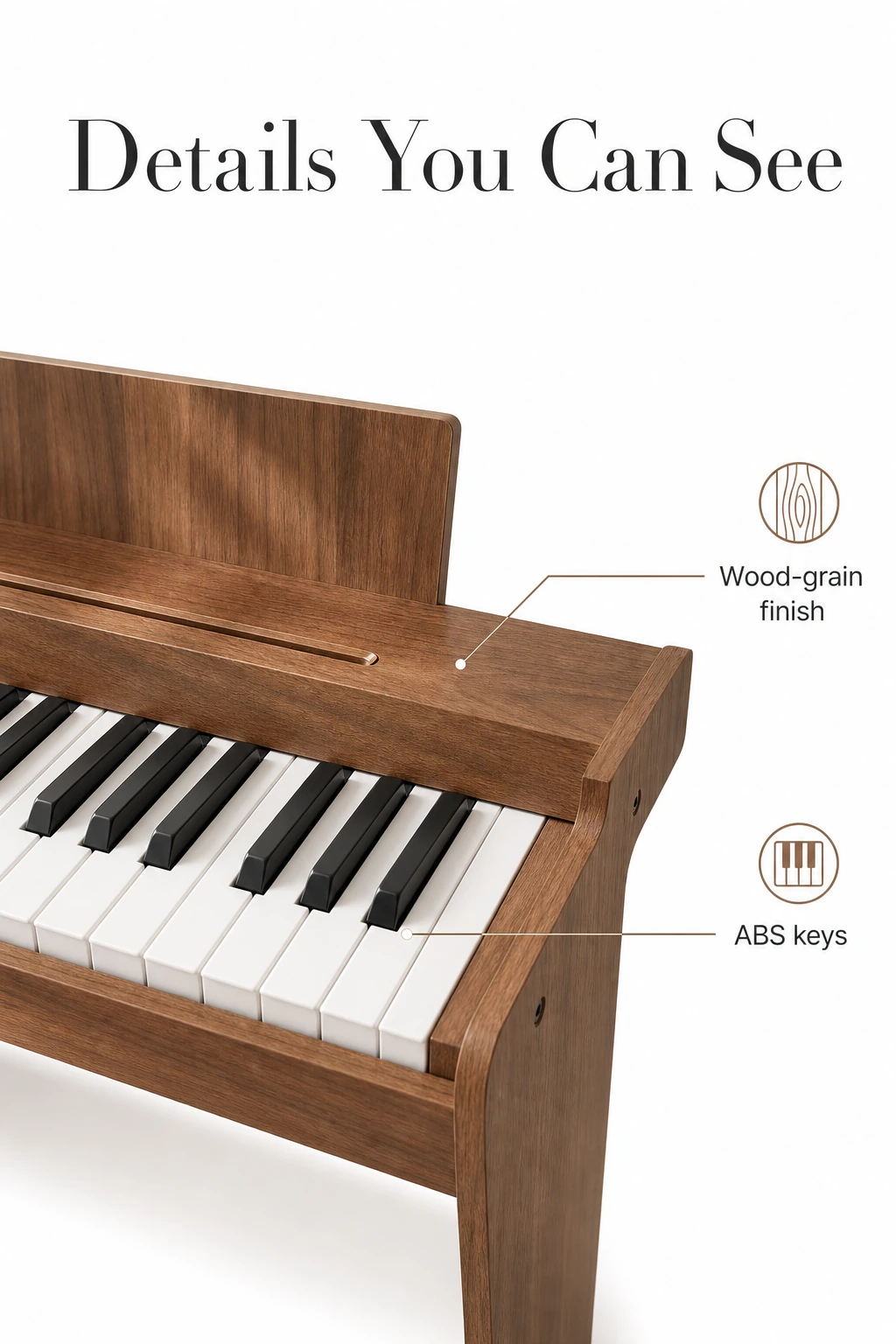 Borde del teclado con vetas de madera y teclas de ABS