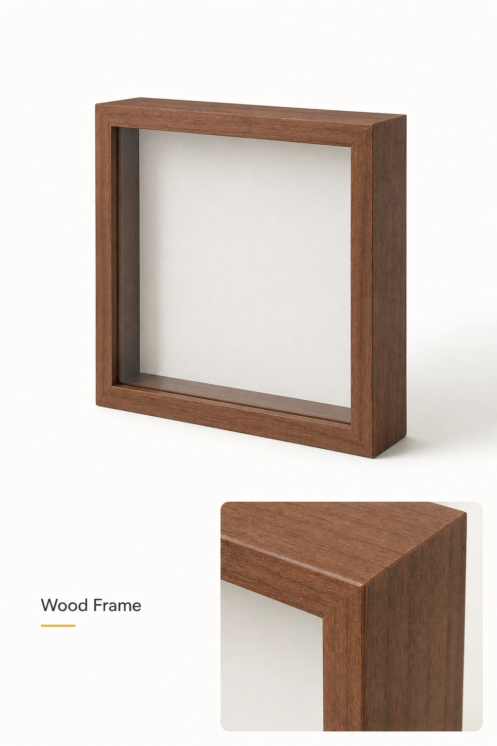 Close product view of the wood frame profile and empty display area