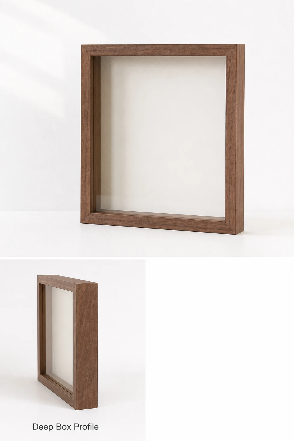 Side perspective of one wooden frame showing the deep-box construction