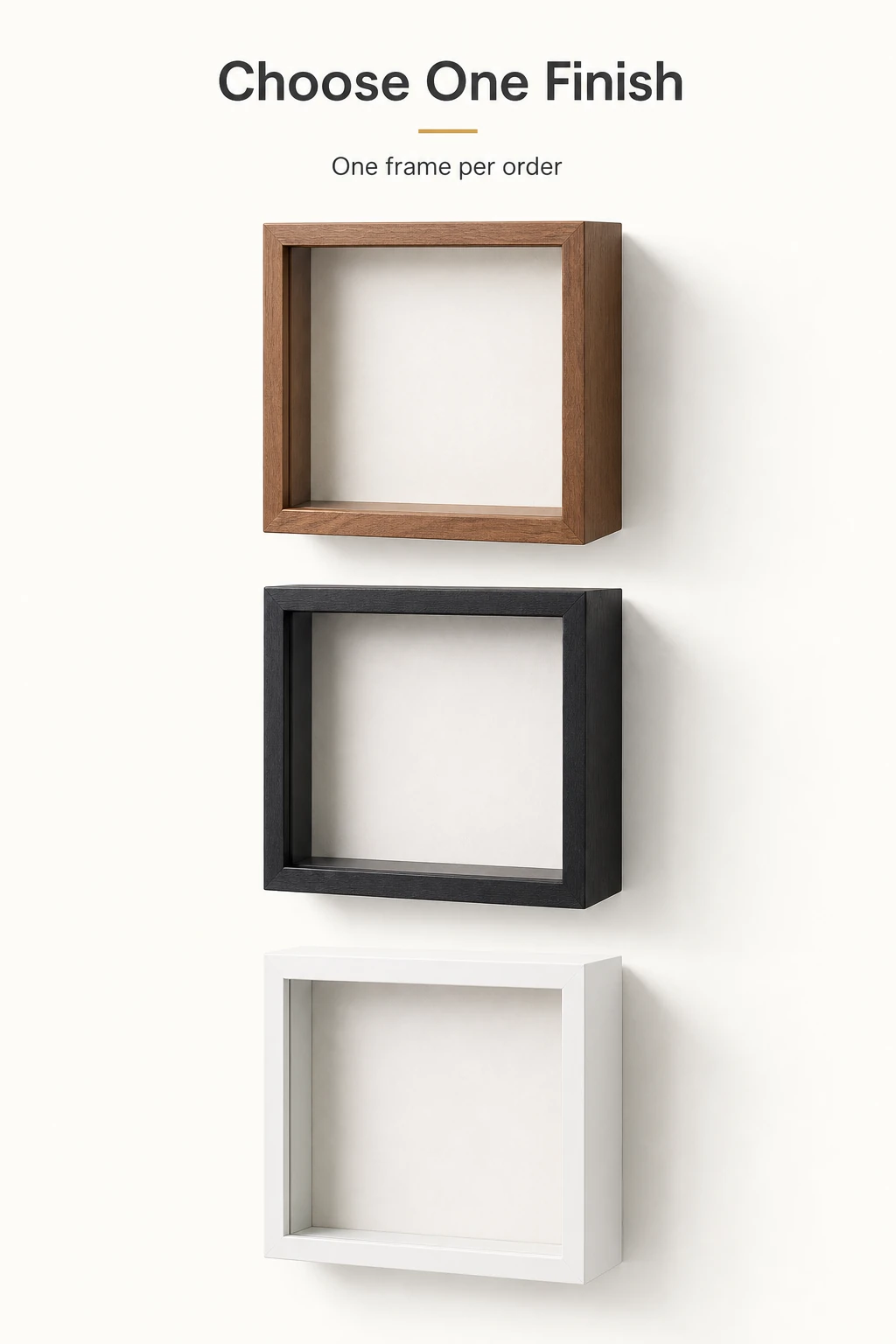 Three empty frame finishes pictured together as display choices