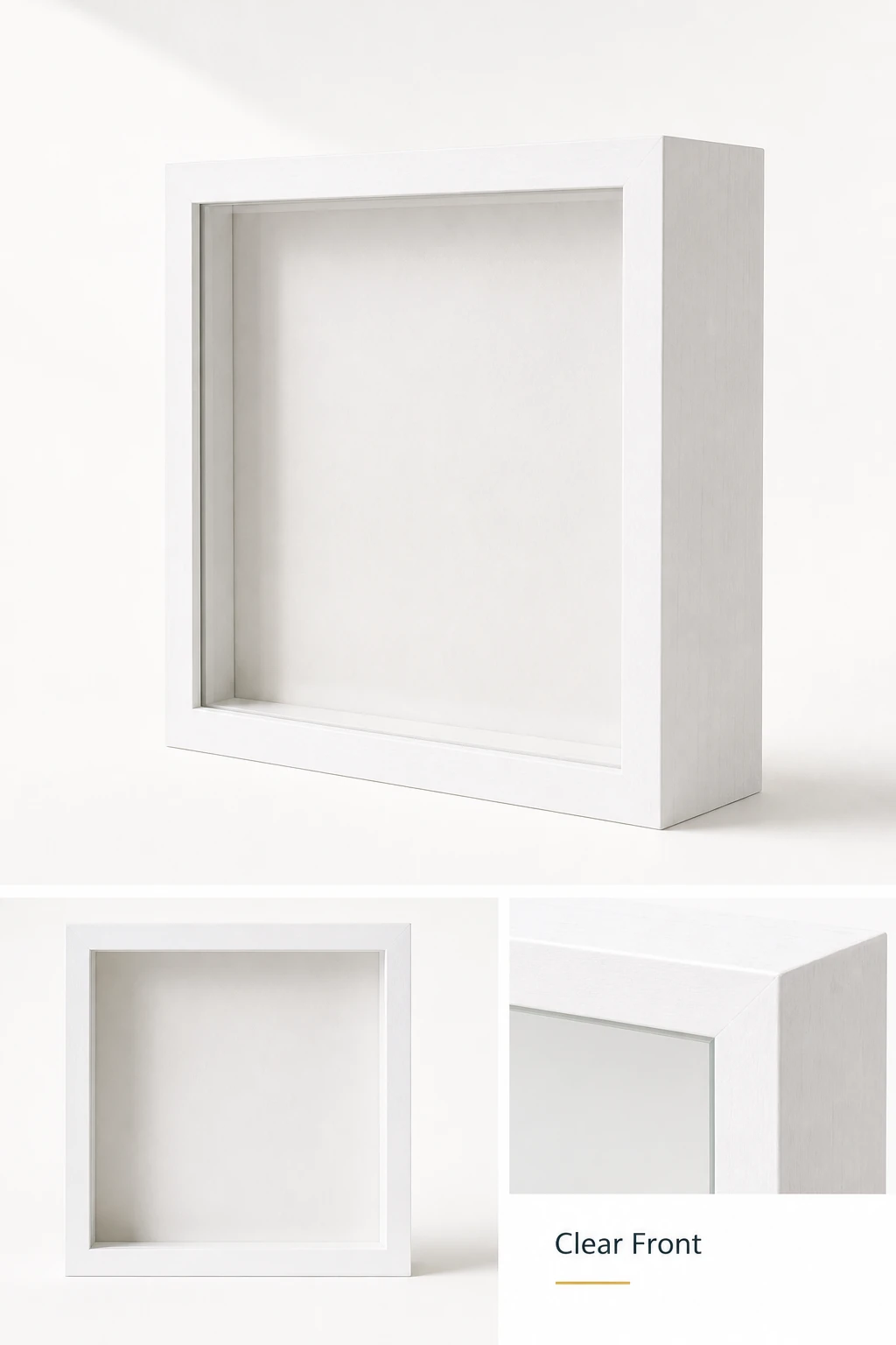 White deep-box frame photographed from the front and side with clear window detail