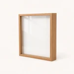 Natural-wood display frame with a subtle reflection across its clear front