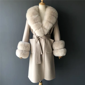 Women’s Belted Wool Coat with Detachable Fox-Fur Trim
