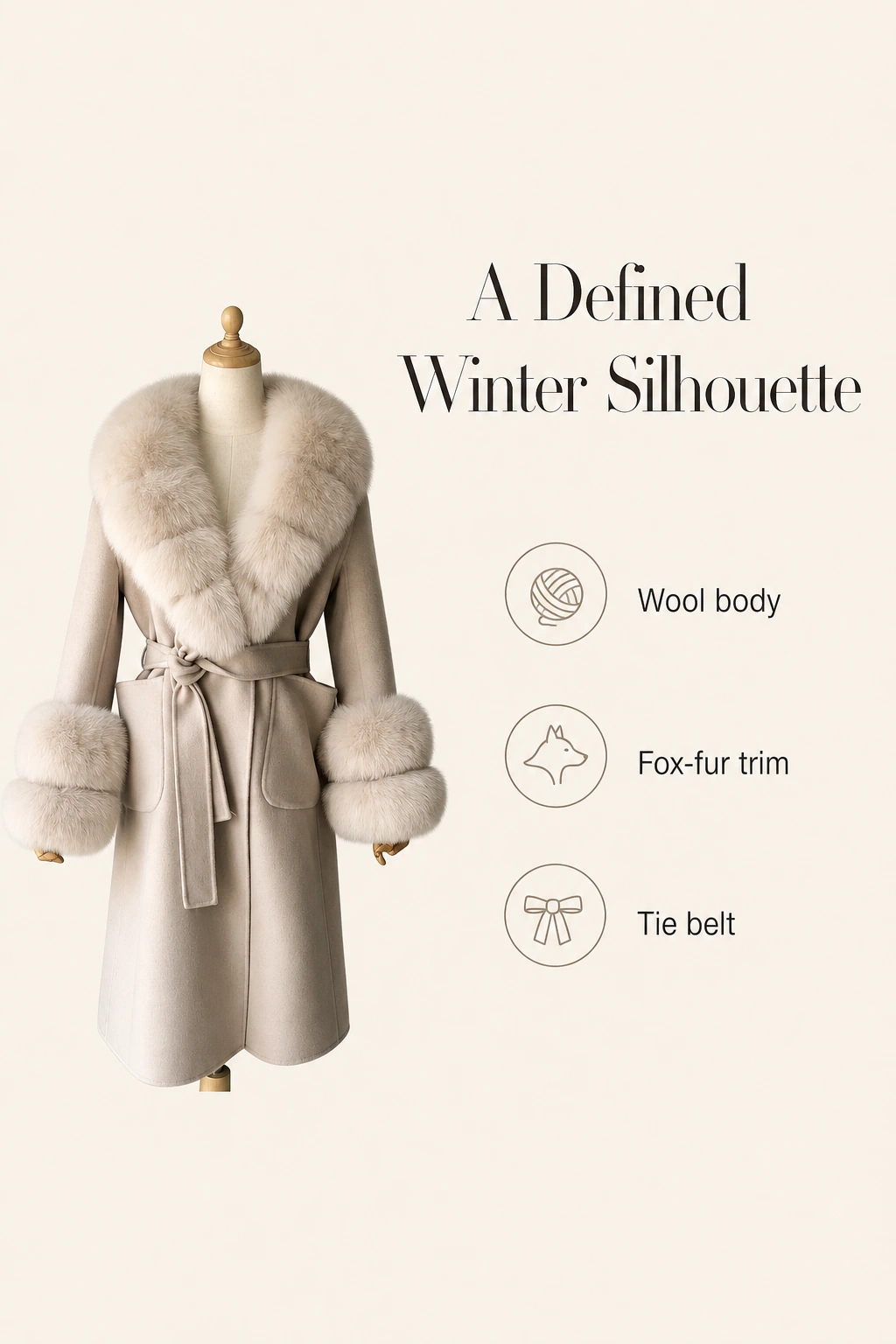 Beige belted wool coat with collar, belt and fabric feature labels