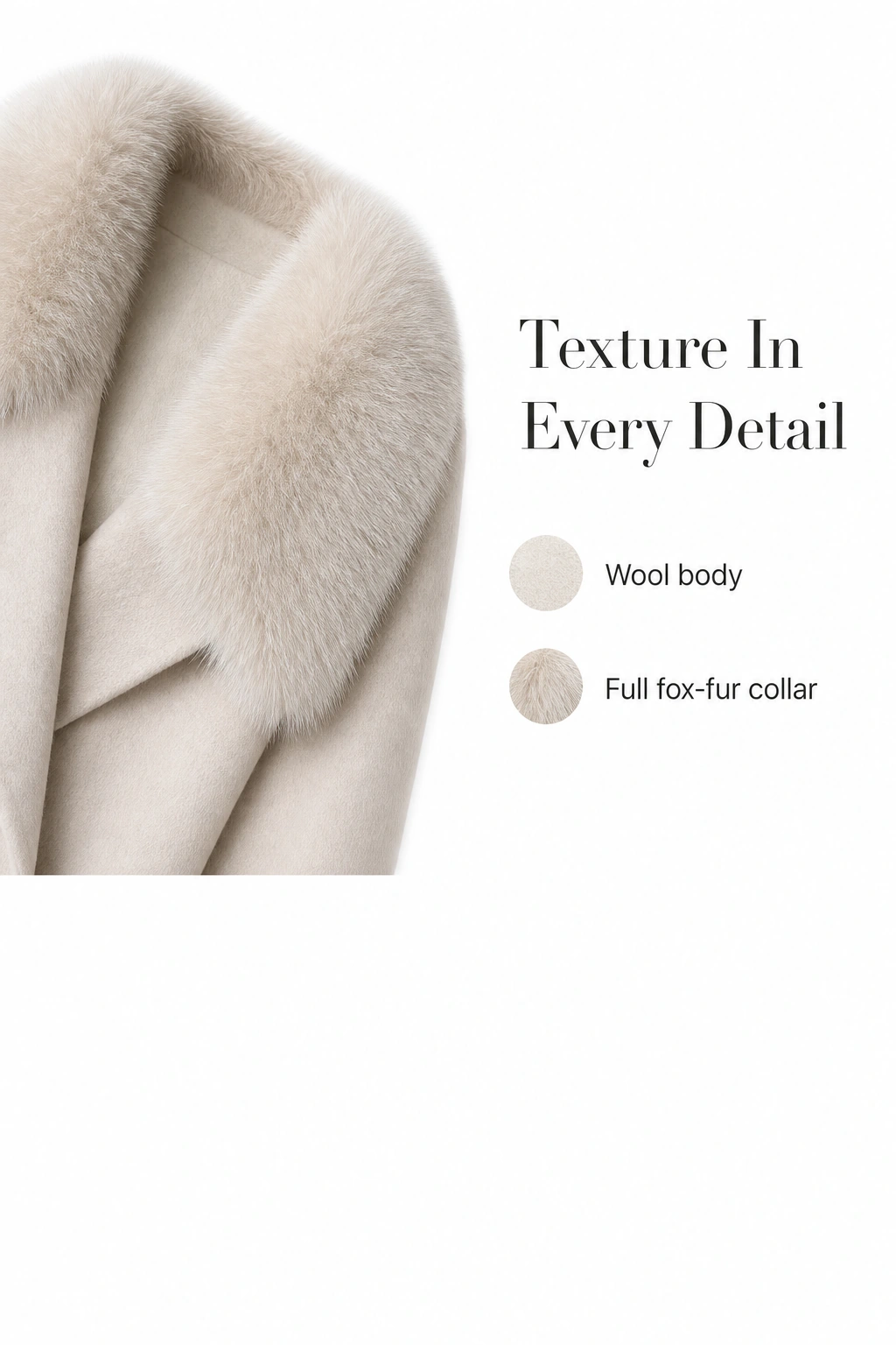 Fox-fur collar and wool lapel texture on a light-colored coat