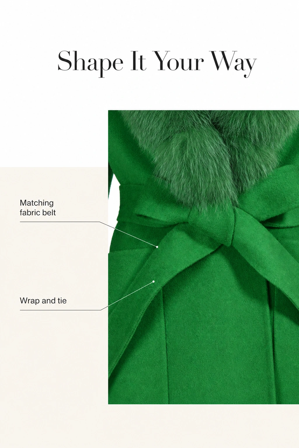 Green wool coat waist with matching fabric tie belt