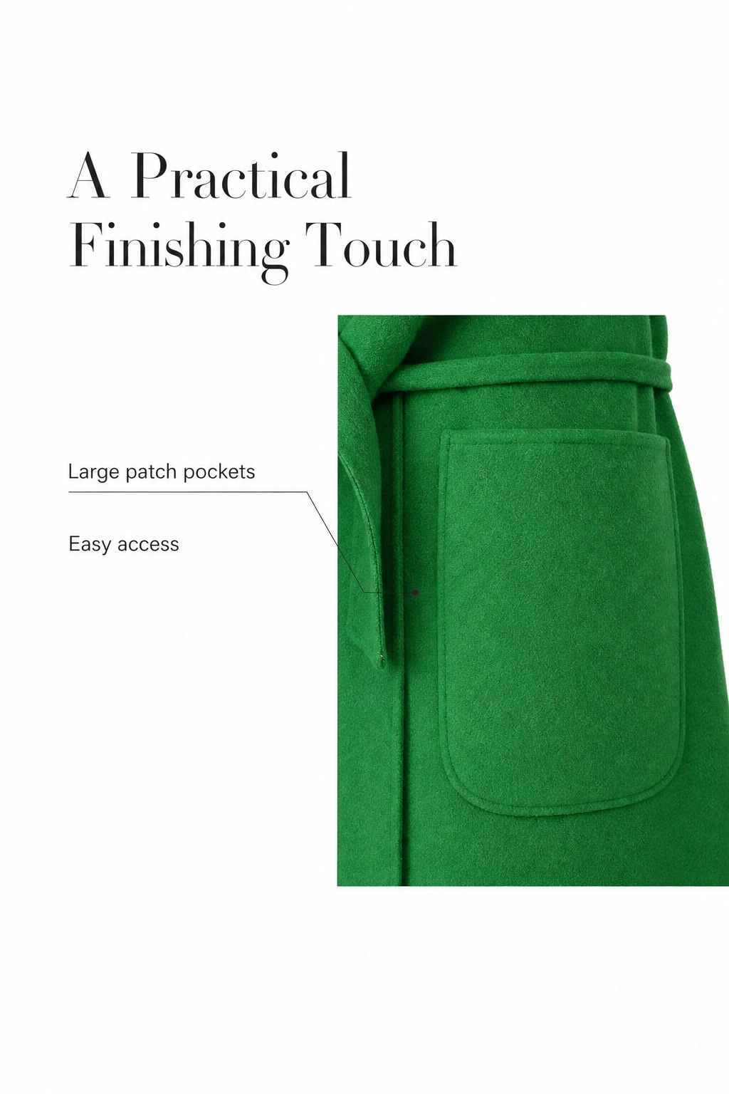 Large green patch pocket on the long wool coat