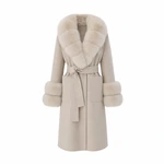 Front view of beige belted coat with fur collar and cuffs
