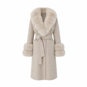 Women’s Belted Wool Coat with Detachable Fox-Fur Trim