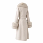 Back of beige coat showing belt, collar and long sleeves