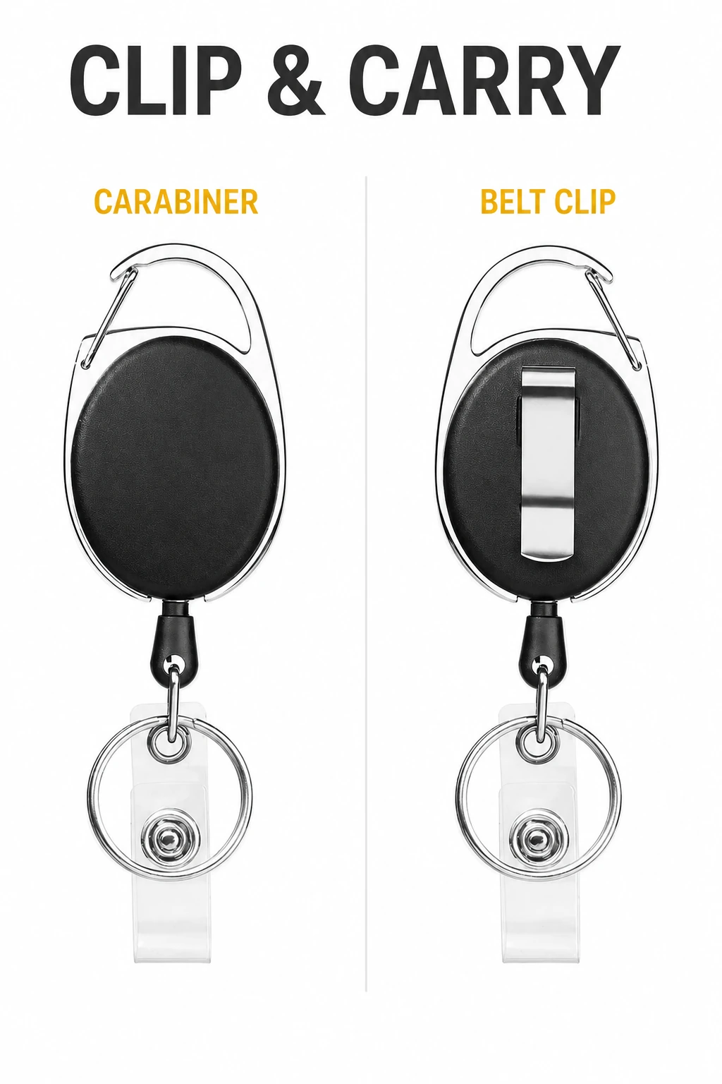 Black badge reel diagram identifying carabiner and belt clip