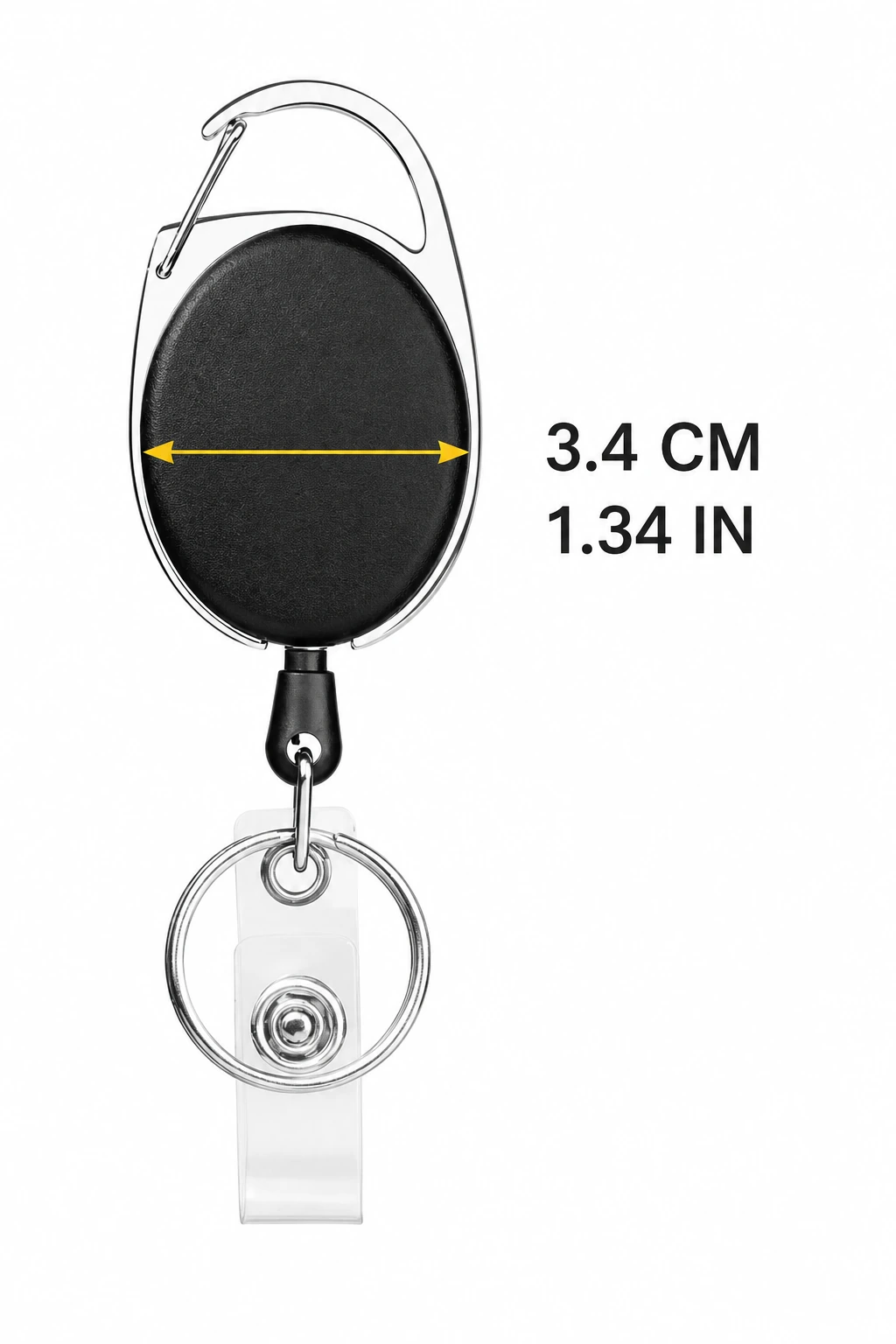 Black oval reel with 3.4 cm measurement annotation