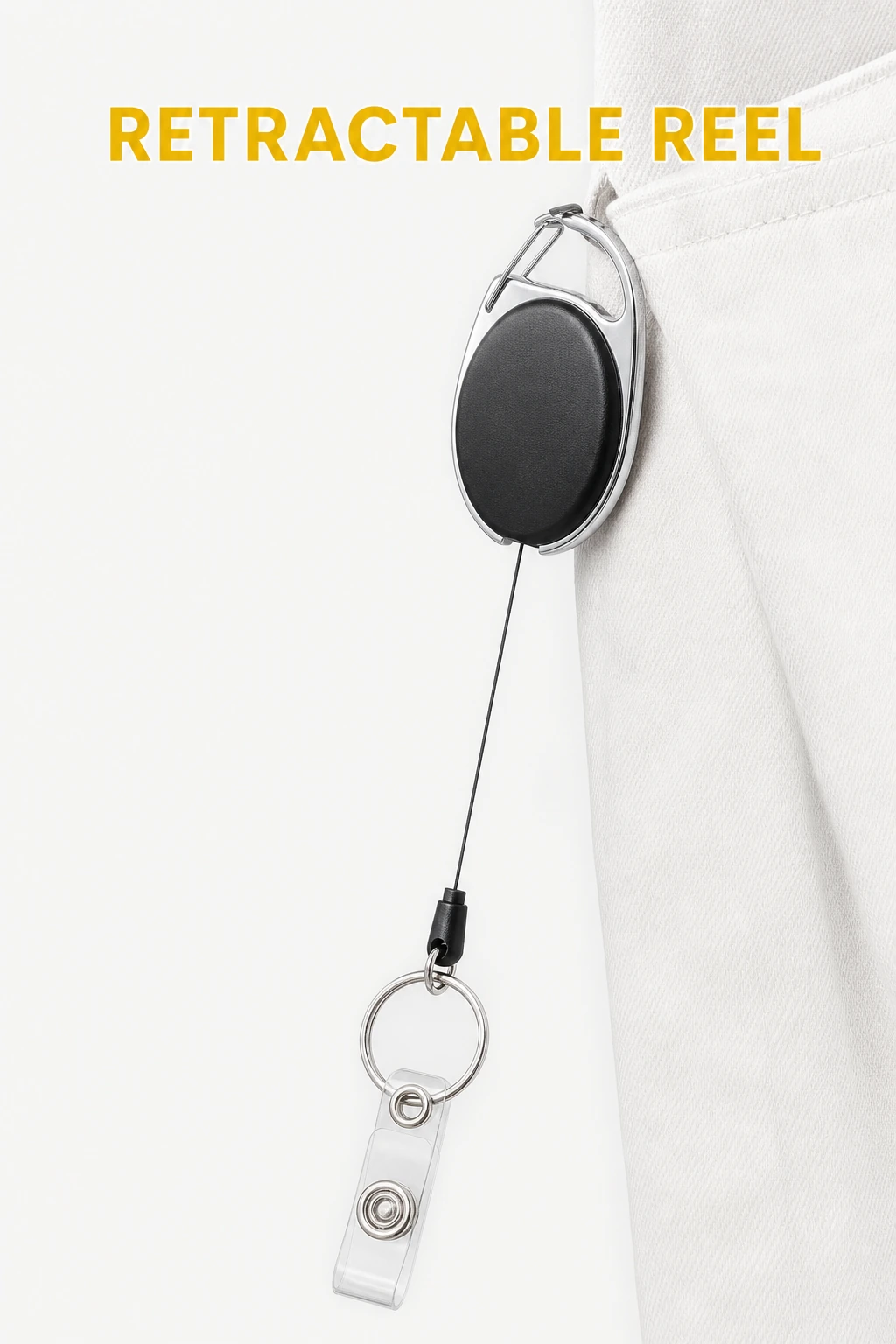 Black reel with the retractable cord extended from its ring