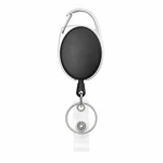 One black oval badge reel with carabiner and clear snap strap on white
