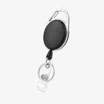 Three-quarter view of the black reel, top carabiner and lower ring