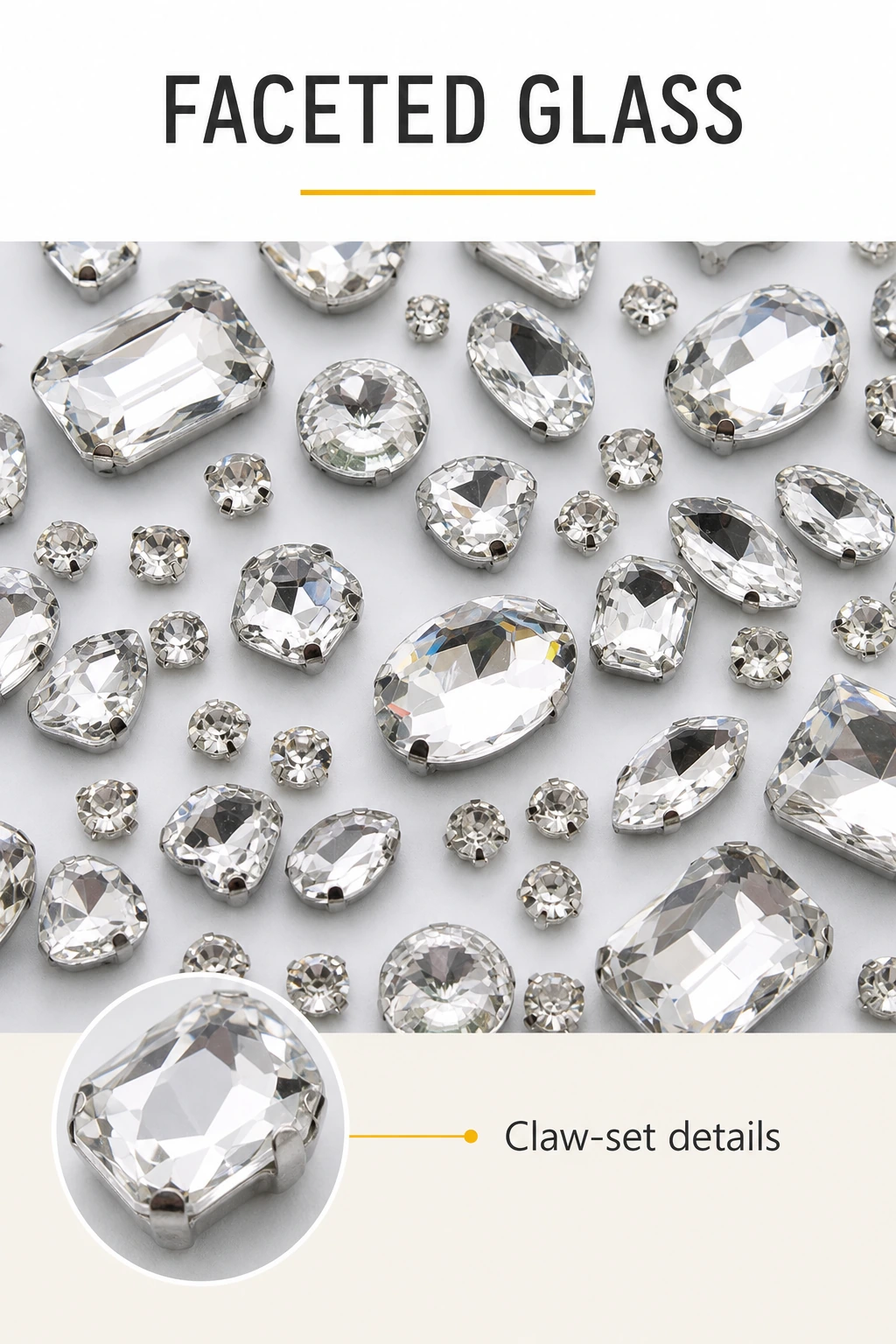 Vertical close-up infographic of clear faceted glass rhinestones with visible claw settings.
