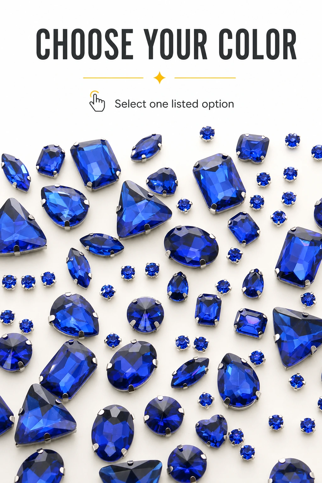 Vertical CHOOSE YOUR COLOR infographic featuring royal-blue sew-on rhinestones and an instruction to select one listed option.
