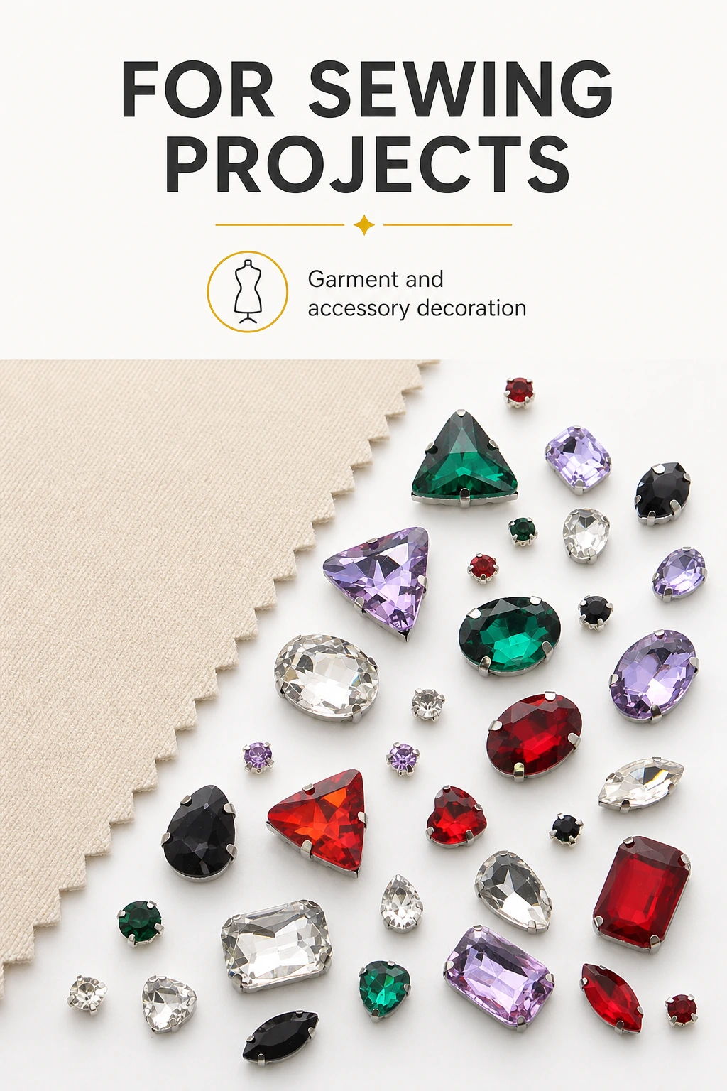 Vertical infographic showing glass sew-on rhinestones beside a plain fabric swatch for garment and accessory decoration.