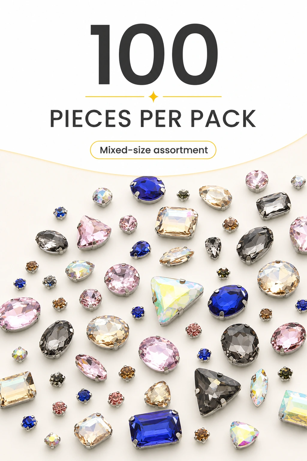 Vertical 100 PIECES PER PACK infographic beside a representative mixed-size assortment; it is not an exact count illustration.
