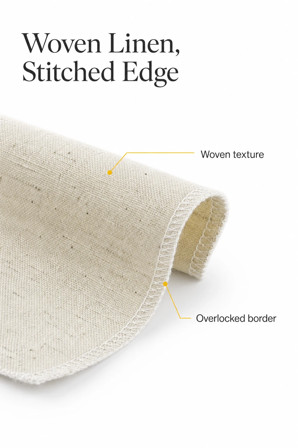 Linen weave and overlocked border highlighted on a folded beige couche
