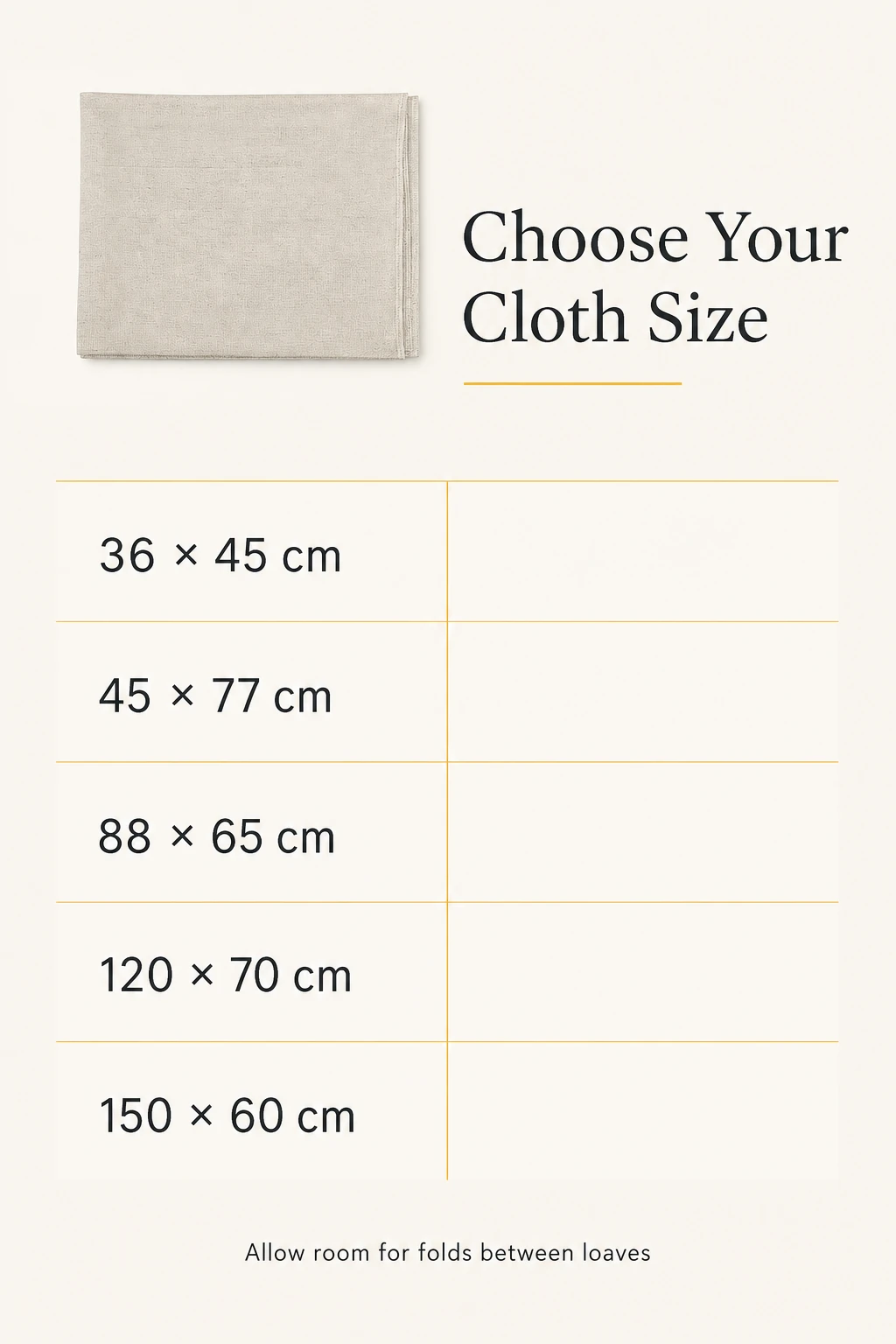 Size chart graphic listing couche options from 36 × 45 cm to 150 × 60 cm