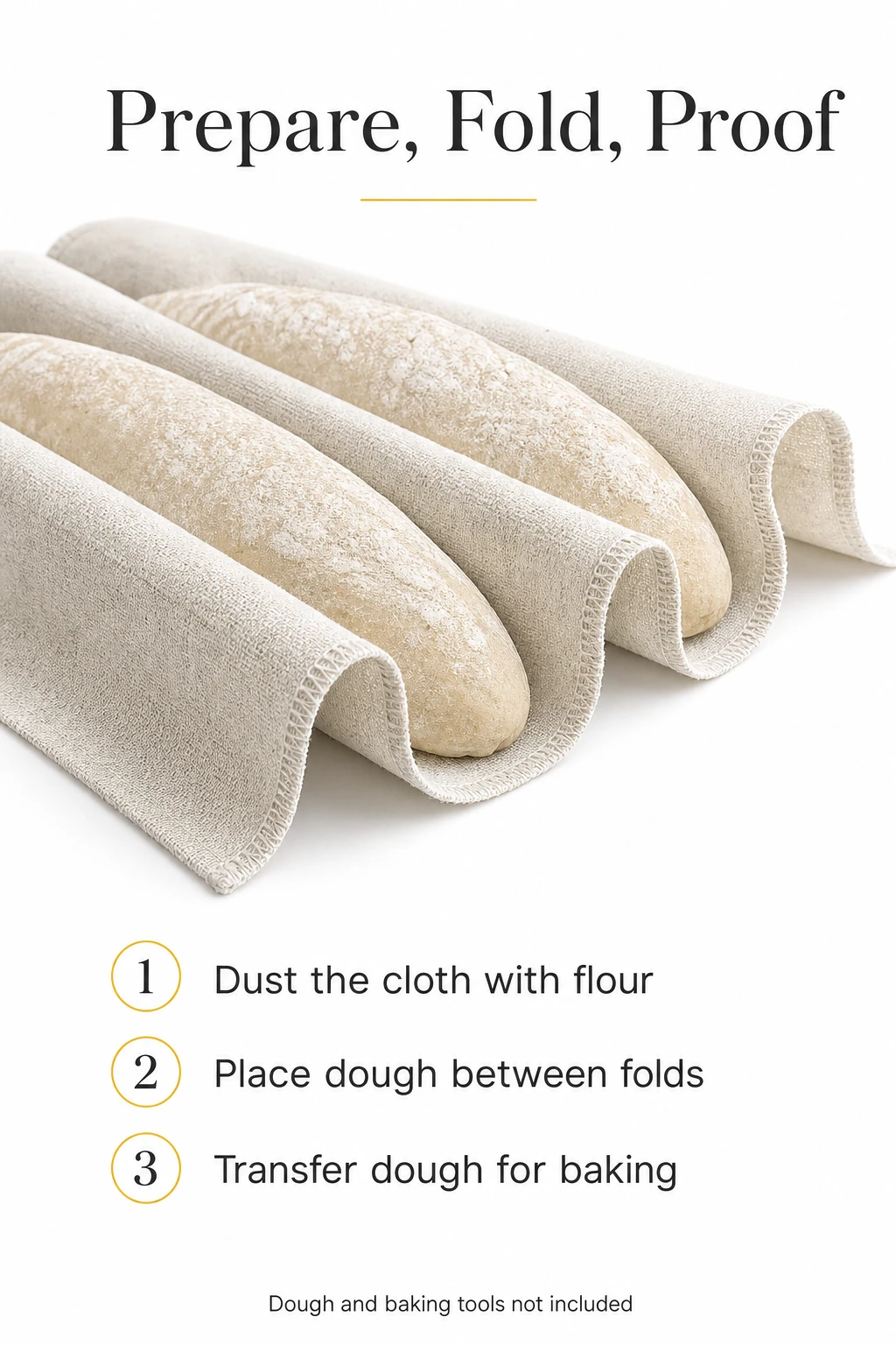Three-step graphic showing flouring the cloth, placing dough between folds and transferring it for baking